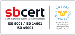 Certifikat Logotyp för Scandinavian Business Certification (sbcert), med ISO 9001, ISO 14001, ISO 45001-certifieringar, med SWEDAC-ackrediteringslogotypen och en beskrivning på svenska till höger.