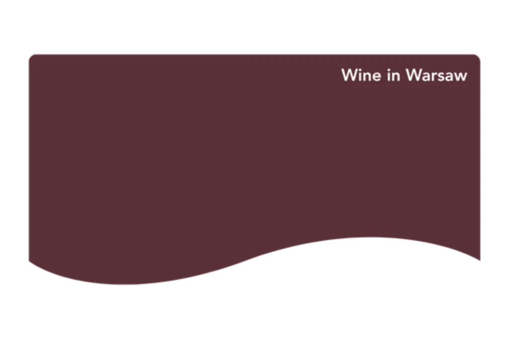 En rödbrun rektangel med en vågig nederkant har den vita texten Wine in Warsaw i det övre högra hörnet.